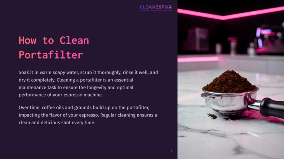 Close-Up Of A Portafilter Filled With Dark Espresso Grounds, Resting On A White Marble Countertop. The Portafilter Is A Metal Basket With A Handle, And Loose Grounds Are Scattered Around It. In The Background, A Blurred Espresso Machine And Neon Pink Lighting Are Visible.