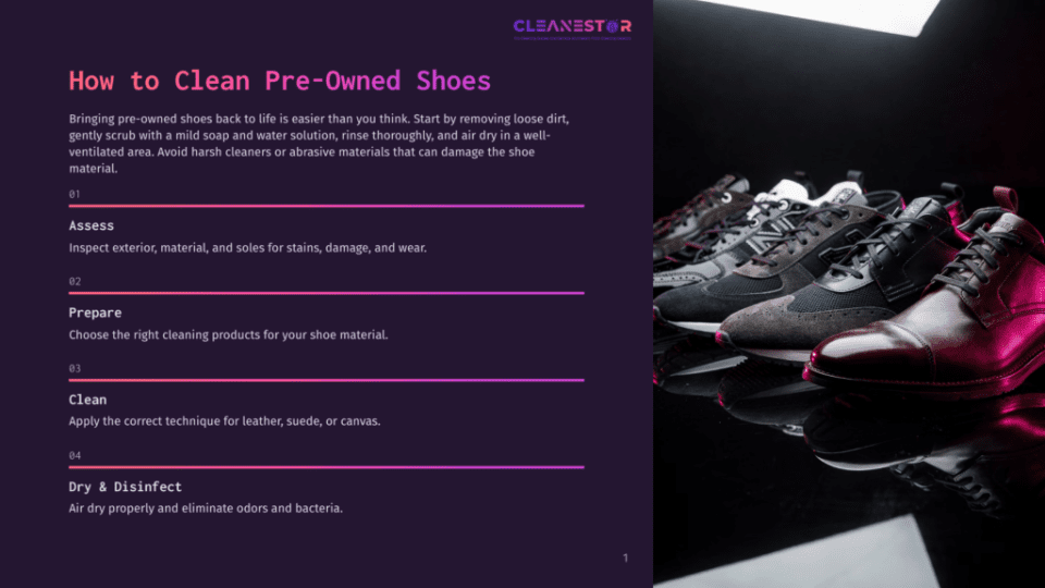 1 How To Clean Pre Owned Shoes A Row Of Four Stylish Pre-Owned Shoes, Including A Dark Brown Leather Dress Shoe And Three Athletic Sneakers, Sit On A Glossy Black Surface Reflecting The Vibrant Pink And Purple Gradient Background. The Image Is Part Of A &Quot;How To Clean Pre-Owned Shoes&Quot; Guide.