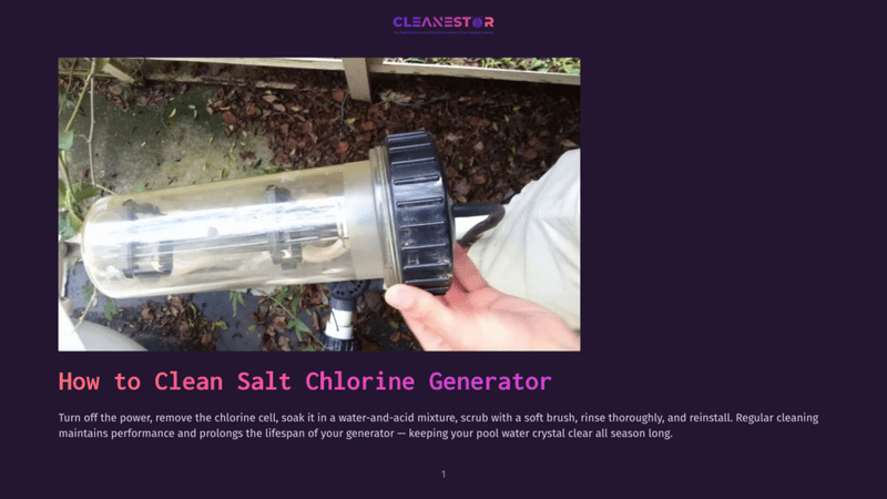 1 How To Clean Salt Chlorine Generator Close-Up Of A Person'S Hand Holding A Clear Plastic Salt Chlorine Generator Cell, Revealing The Internal Components. The Generator Is Positioned Outdoors Near A Pool, With A Wooden Fence And Fallen Leaves In The Background.