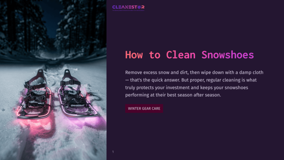 1 How To Clean Snowshoes A Pair Of Snowshoes With Purple And Pink Led Lights Resting In Fresh Snow At Night, With A Dark, Snowy Forest In The Background. The Text &Quot;Cleanestor&Quot; Is Visible At The Top.