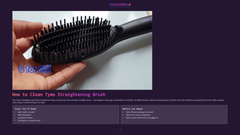 1 How To Clean Tymo Straightening Brush Close-Up Of A Hand Holding A Black Tymo Straightening Brush With Purple Bristles, Ready For Cleaning. The Tymo Logo Is Visible On The Brush.