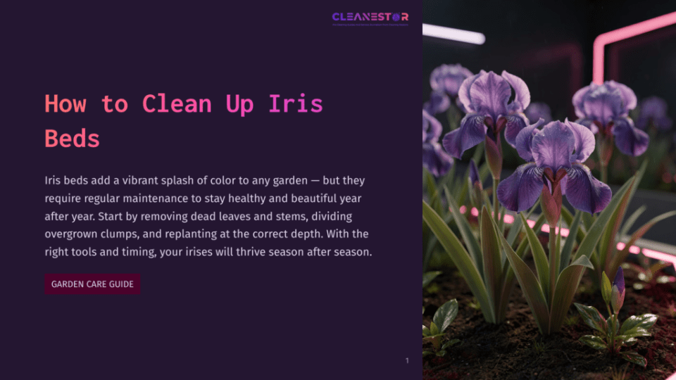 1 How To Clean Up Iris Beds Vibrant Purple Irises Bloom In Rich Soil, With Lush Green Leaves And Stems. The Image Is From A Garden Care Guide Titled &Quot;How To Clean Up Iris Beds,&Quot; Emphasizing Iris Maintenance.