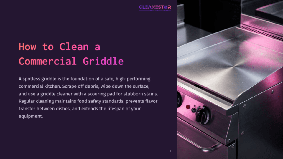 1 How To Clean A Commercial Griddle A Commercial Griddle With A Shiny Stainless Steel Surface Sits On A Black Countertop, Illuminated By Pink And Purple Lighting. The Text &Quot;How To Clean A Commercial Griddle&Quot; Is Overlaid On The Left Side Of The Image.