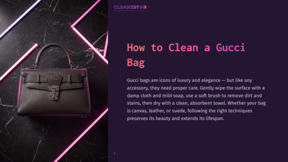 1 How To Clean A Gucci Bag A Luxurious Brown Leather Gucci Handbag With A Prominent Gg Logo Clasp Is Artfully Displayed On A Dark Marble Surface, Illuminated By Vibrant Pink And Blue Neon Light Tubes.