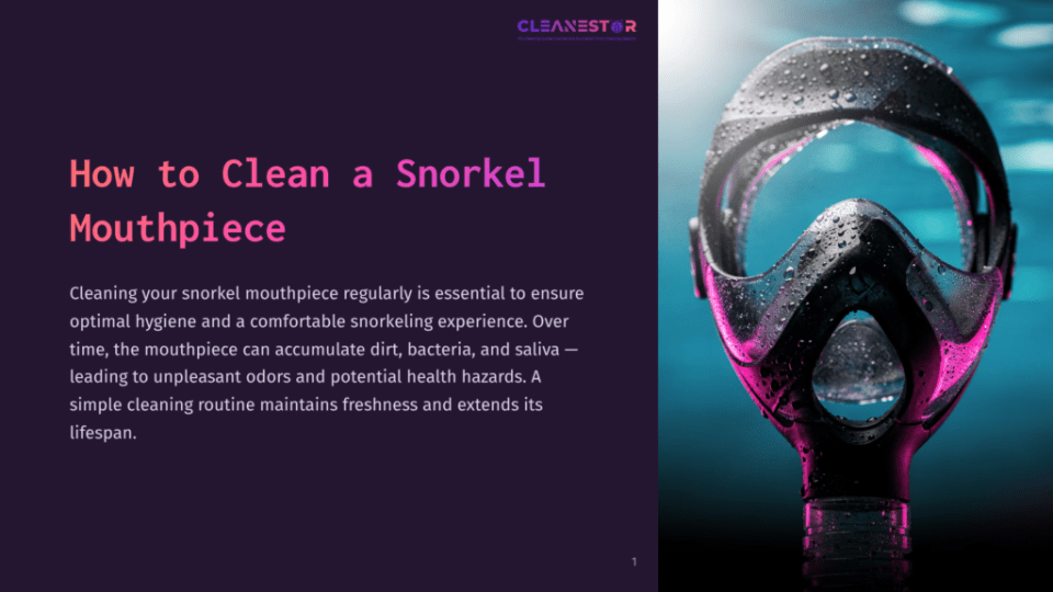 1 How To Clean A Snorkel Mouthpiece Close-Up Of A Black Snorkel Mask With Water Droplets, Illuminated By Pink And Blue Light, With Text &Quot;How To Clean A Snorkel Mouthpiece&Quot; On The Left.