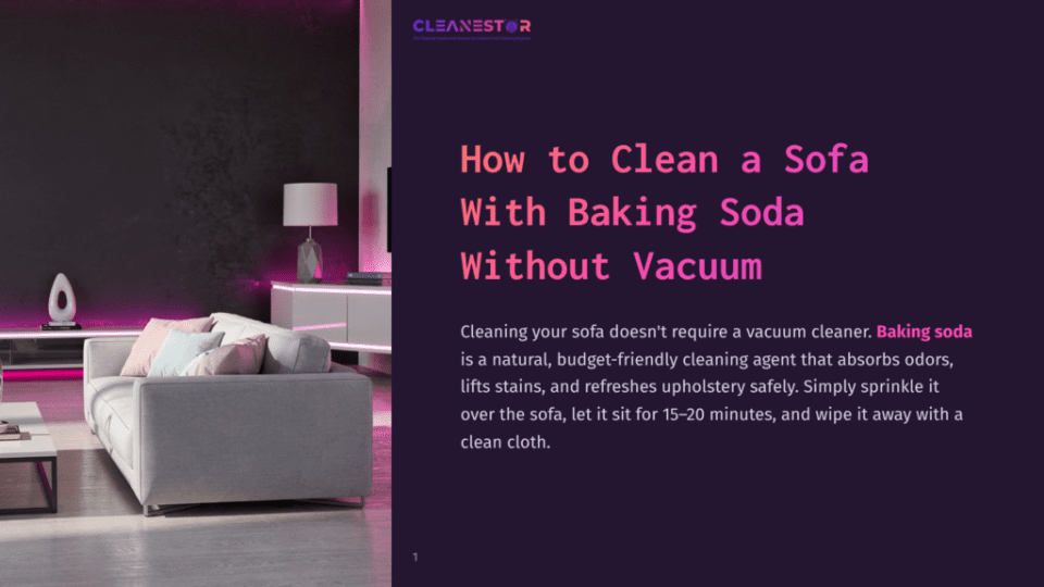 1 How To Clean A Sofa With Baking Soda Without Vacuum A Modern Living Room With A Gray Sofa, Pink And White Pillows, And A White Coffee Table. The Text Overlay Reads &Quot;Cleanestor&Quot; And &Quot;How To Clean A Sofa With Baking Soda Without Vacuum.