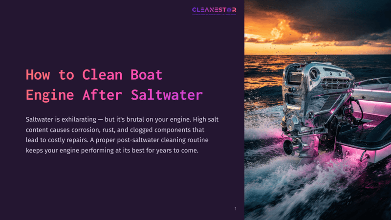 1 How To Clean Boat Engine After Saltwater A Powerful Outboard Boat Engine Gleams With Pink Led Lighting As It Propels A Sleek White Boat Through The Ocean At Sunset. The Text &Quot;Cleanestor&Quot; Is Visible In The Upper Right Corner.