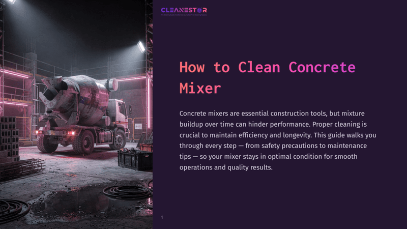1 How To Clean Concrete Mixer A Concrete Mixer Truck Sits On A Wet, Industrial Construction Site At Night, Illuminated By Pink Neon Lights. The Cleanestor Logo And &Quot;How To Clean Concrete Mixer&Quot; Title Are Visible.