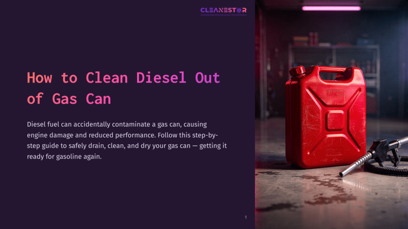 1 How To Clean Diesel Out Of Gas Can Bright Red Gas Can With A Spout, Situated On A Concrete Floor, Illuminated By Purple And Pink Lighting In A Workshop Setting.