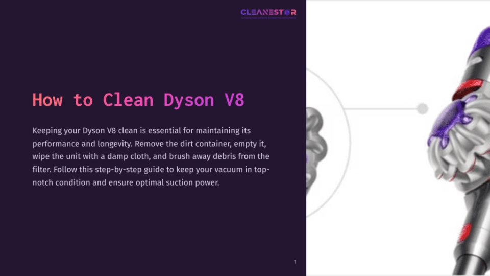 1 How To Clean Dyson V8 Close-Up Of A Purple And Silver Dyson V8 Vacuum Cleaner, With The Text &Quot;How To Clean Dyson V8&Quot; Prominently Displayed On A Dark Purple Background.