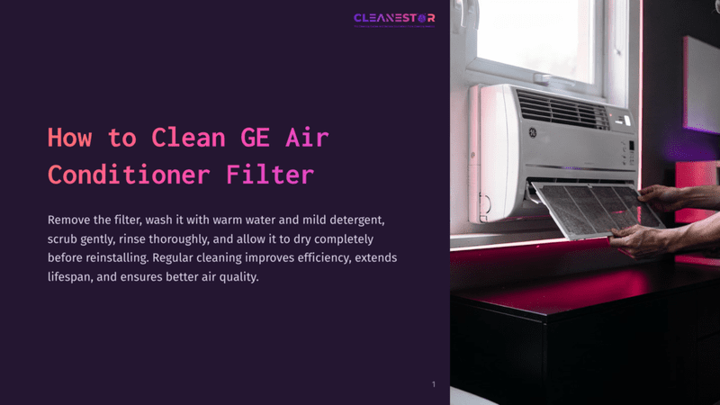 Hands Carefully Remove A Dusty Ge Air Conditioner Filter From A White Window Unit, Illustrating How To Clean Ge Air Conditioner Filters For Improved Efficiency And Air Quality.