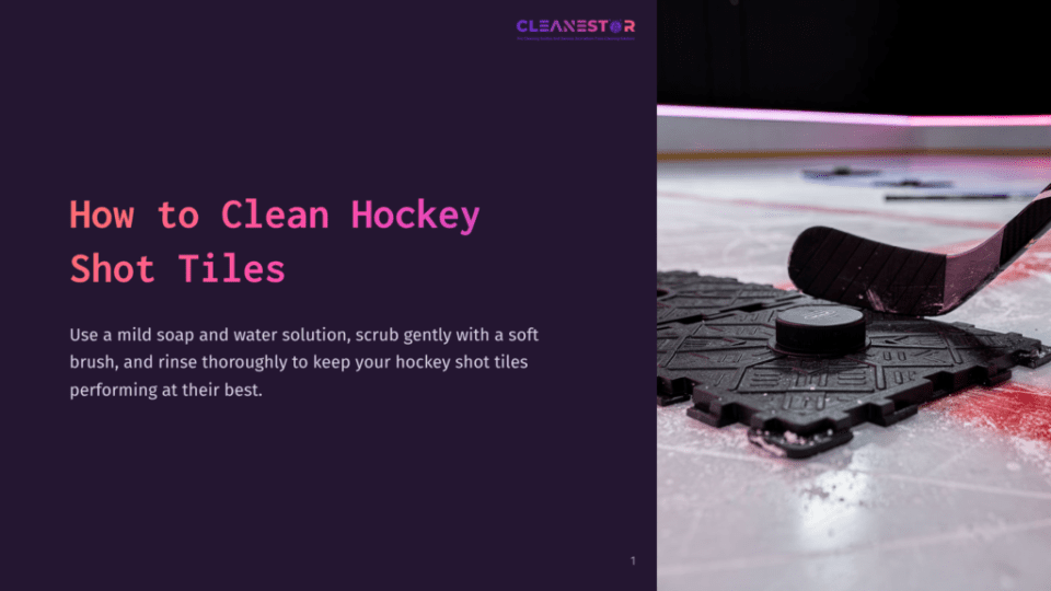 1 How To Clean Hockey Shot Tiles A Hockey Stick And Puck Rest On A Black Interlocking Tile Surface, Resembling A Hockey Shot Training Surface, With An Ice Rink Visible In The Background. Text On The Left Reads &Quot;How To Clean Hockey Shot Tiles.