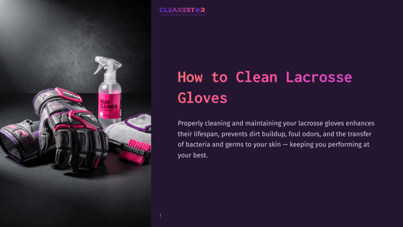 1 How To Clean Lacrosse Gloves A Pair Of Purple And Black Lacrosse Gloves, A Spray Bottle Labeled &Quot;Gear Cleaner,&Quot; And A Pink Brush Lie On A Dark Surface, Illustrating How To Clean Lacrosse Gloves.