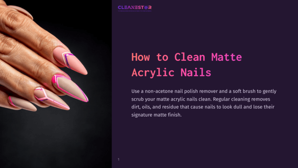 1 How To Clean Matte Acrylic Nails Close-Up Of A Hand With Long, Matte Acrylic Nails Featuring A Stylish Pink And Beige Design With Sharp Geometric Accents. The Text &Quot;How To Clean Matte Acrylic Nails&Quot; Is Visible On The Right.