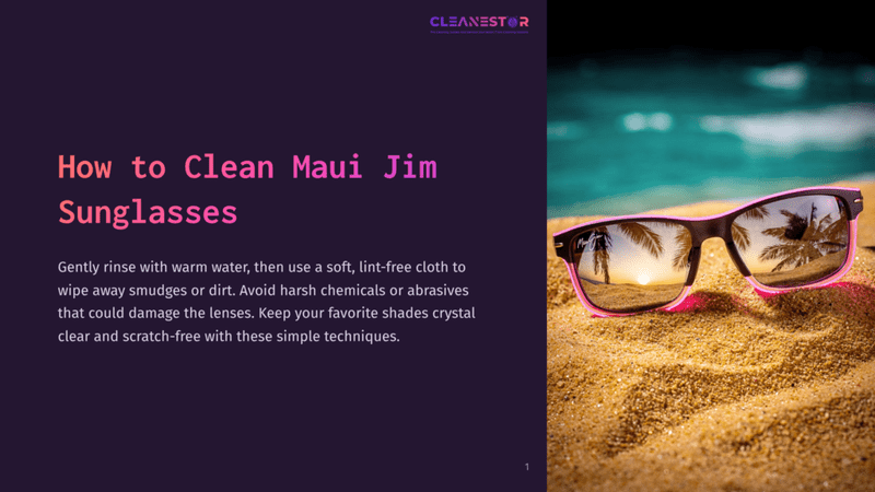 1 How To Clean Maui Jim Sunglasses Maui Jim Sunglasses With Pink Frames Sit On A Sandy Beach, Reflecting A Tropical Sunset With Palm Trees. &Quot;Cleanestor&Quot; Logo At The Top.