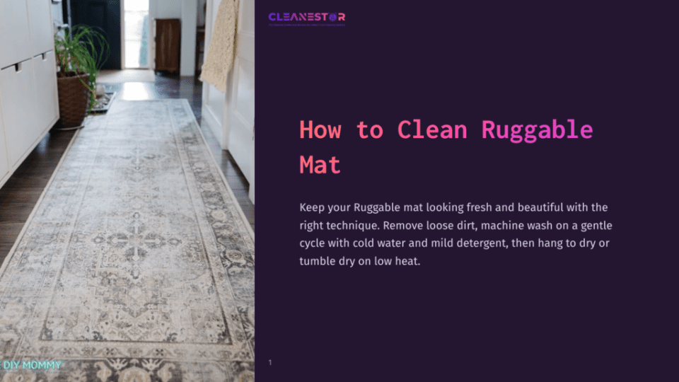 1 How To Clean Ruggable Mat A Long, Distressed Vintage-Style Rug Runner With Intricate Patterns In Shades Of Cream, Beige, And Grey Lies On A Dark Wood Floor In A Hallway. Text Overlay Reads: &Quot;Cleanestor How To Clean Ruggable Mat&Quot;.
