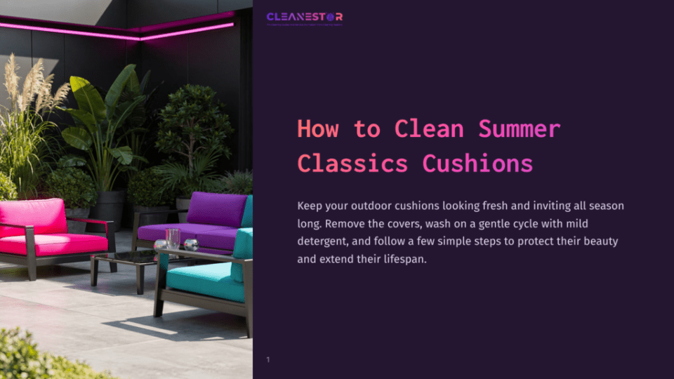 1 How To Clean Summer Classics Cushions A Modern Patio With Bright Pink And Teal Outdoor Cushions On A Sofa And Chairs. The Text &Quot;Cleanestor&Quot; And &Quot;How To Clean Summer Classics Cushions&Quot; Is Visible.