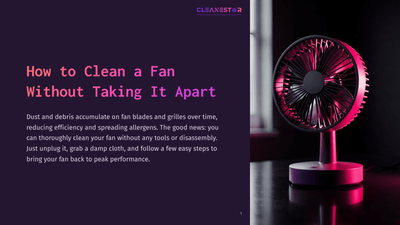 1 How To Clean A Fan Without Taking It Apart A Modern Fan With A Pink And Black Design, Positioned On A Dark Surface, Beside Text About Cleaning Fans Without Disassembly.