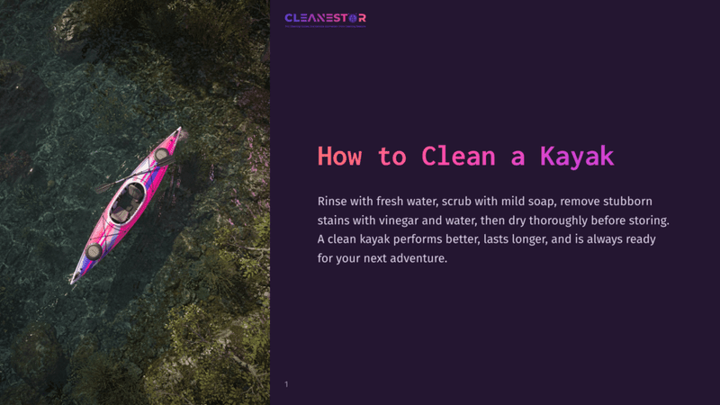 1 How To Clean A Kayak Overhead View Of A Pink And Blue Kayak Floating On Clear, Shallow Water With Green Seaweed Below. The Text &Quot;Cleanestor&Quot; Is Visible At The Top.