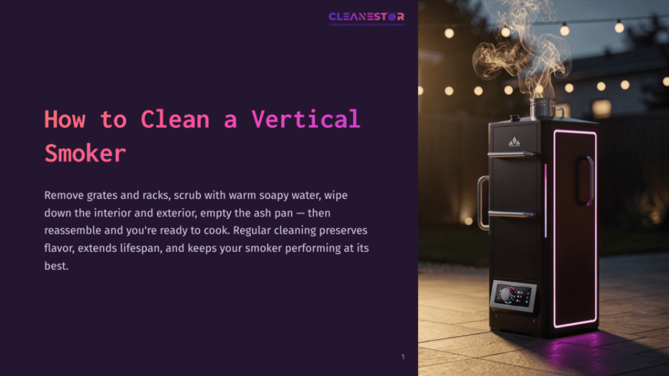 1 How To Clean A Vertical Smoker A Black Vertical Smoker With Pink Led Accents Sits On A Patio At Dusk, With Smoke Rising From Its Top. Text On The Left Reads &Quot;How To Clean A Vertical Smoker&Quot; And &Quot;Cleanestor&Quot;.