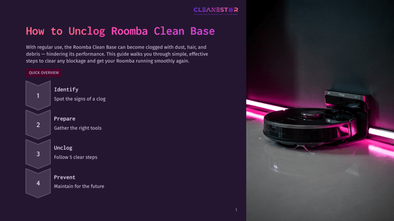 1 How To Unclog Roomba Clean Base A Black Roomba Robot Vacuum Cleaner Is Docked In A Cleanestor Charging Base With Bright Pink Led Lights. The Image Is For A Guide On How To Unclog A Roomba Clean Base.