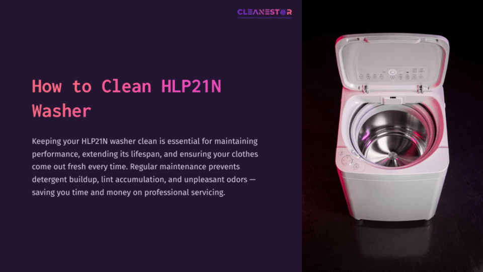 1 How To Clean Hlp21N Washer A White Hlp21N Washer With A Silver Drum, Positioned On A Dark Background, Highlighting Its Sleek Design And Maintenance Importance.