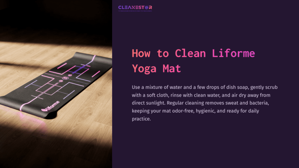 1 How To Clean Liforme Yoga Mat Liforme Yoga Mat Laid Out On A Dark Surface, Featuring A Pink Alignment Guide, Next To Text Instructions On Cleaning.