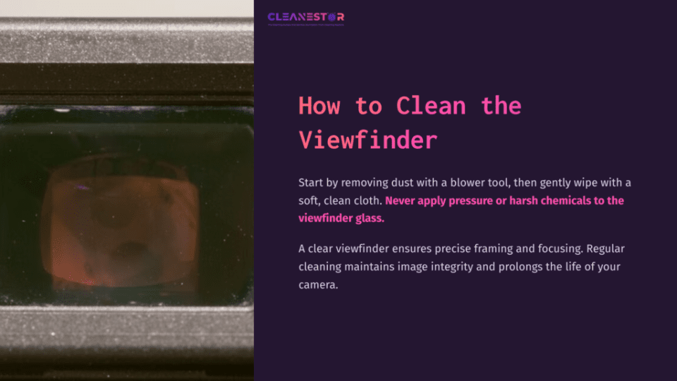 1 How To Clean The Viewfinder Close-Up Of A Camera Viewfinder With A Reflection Inside, Surrounded By A Dark Frame; A Dust Blower And Cleaning Cloth Are Nearby.