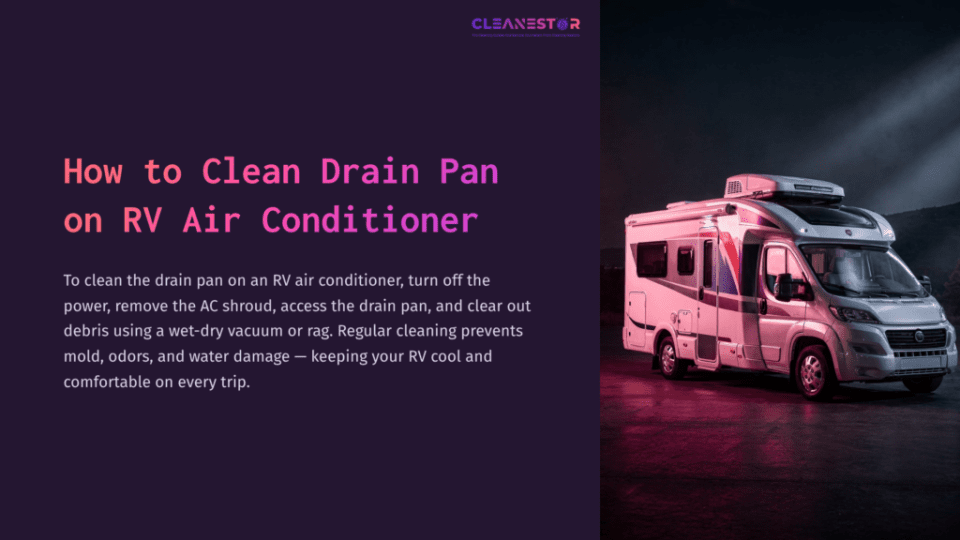 1 How To Clean Drain Pan On Rv Air Conditioner A Pink And Purple-Hued Image Of An Rv Parked, With Text Detailing Steps To Clean The Drain Pan Of An Rv Air Conditioner.