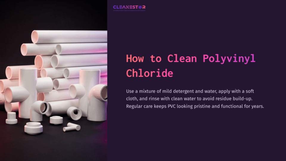 1 How To Clean Polyvinyl Chloride White Pvc Pipes And Fittings Arranged Diagonally On A Dark Surface, With Purple Elements And Text On The Right Providing Cleaning Instructions.