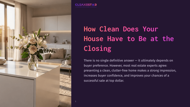1 How Clean Does Your House Have To Be At The Closing A Beautiful Bouquet Of White Lilies And Pink Roses Sits In A Clear Glass Vase On A White Kitchen Island, With A Modern, Sunlit Living Room In The Background. The Cleanestor Logo Is Visible In The Top Corner.