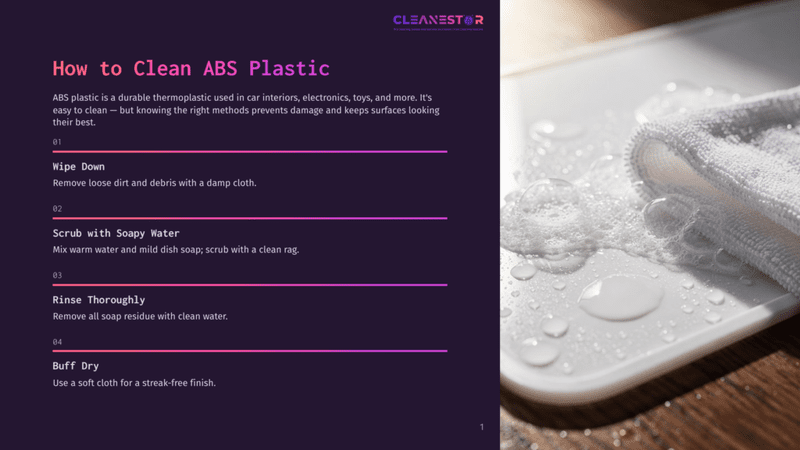 1 How To Clean Abs Plastic 1 Close-Up Of A White Plastic Surface Being Cleaned With A White Cloth And Soapy Water, With Bubbles And Water Droplets Visible. Instructions For Cleaning Abs Plastic Are Overlaid On The Left.
