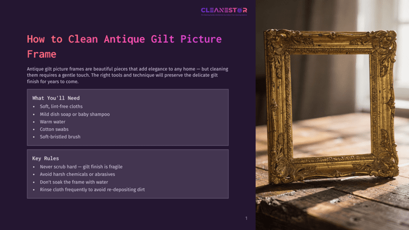1 How To Clean Antique Gilt Picture Frame A Close-Up Of An Ornate, Antique Gilt Picture Frame Resting On A Rustic Wooden Surface. The Frame Features Intricate Carvings And A Golden, Aged Finish, With Soft Light Highlighting Its Details.