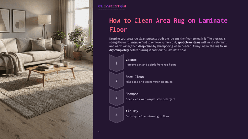 1 How To Clean Area Rug On Laminate Floor Cleanestor Infographic: &Quot;How To Clean Area Rug On Laminate Floor&Quot; With Steps: Vacuum, Spot Clean, Shampoo, Air Dry. A Cozy Living Room With A Large Area Rug On Laminate Flooring Is Shown.