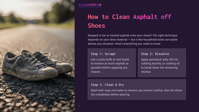 1 How To Clean Asphalt Off Shoes A Pair Of Dirty, Worn-Out Canvas Sneakers Sit On A Textured Asphalt Road, With A Blurred Background Of The Road Stretching Into The Distance Under A Warm, Sunset Sky. The Text &Quot;How To Clean Asphalt Off Shoes&Quot; Is Visible.
