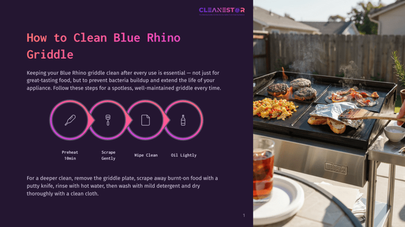 1 How To Clean Blue Rhino Griddle A Blue Rhino Griddle Is Shown With Burgers, Bacon, And Scrambled Eggs Cooking On It, With Text Overlay: &Quot;How To Clean Blue Rhino Griddle,&Quot; And A Step-By-Step Cleaning Guide With Icons.