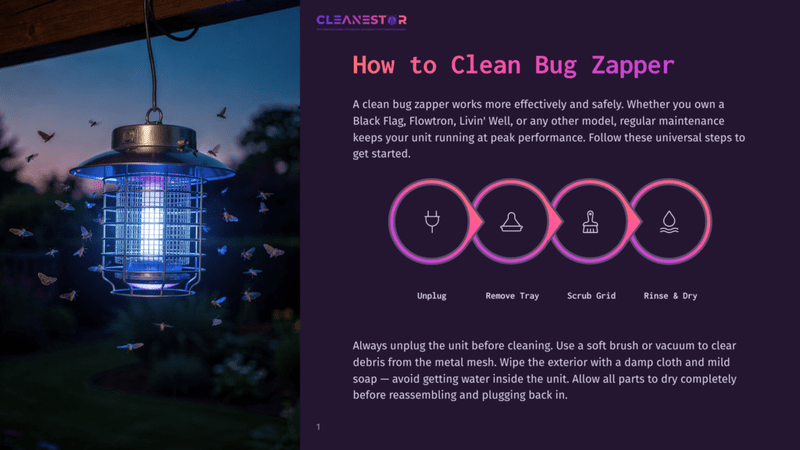 1 How To Clean Bug Zapper A Bug Zapper With A Blue Uv Light Glows At Night, Attracting Many Moths And Insects. The Text &Quot;How To Clean Bug Zapper&Quot; Is Visible, Along With Steps: Unplug, Remove Tray, Scrub Grid, Rinse &Amp; Dry.
