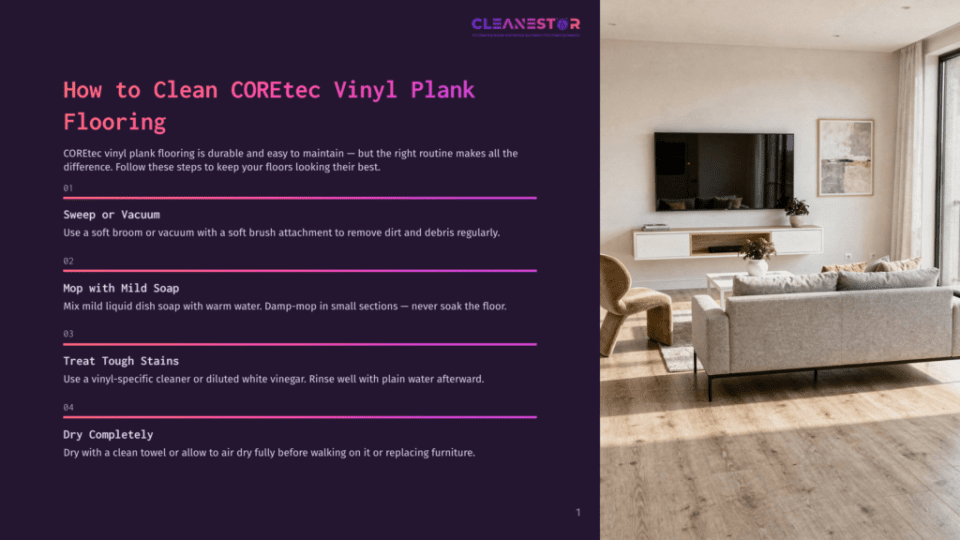 1 How To Clean Coretec Vinyl Plank Flooring A Modern Living Room With Coretec Vinyl Plank Flooring, Featuring A Plush Sectional Sofa, A Minimalist Media Console, And A Large Window With Natural Light. Text On The Left Provides Coretec Vinyl Plank Flooring Cleaning Instructions.