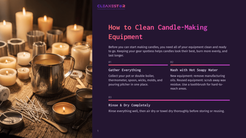 1 How To Clean Candle Making Equipment A Rustic Wooden Table Is Laden With Candle-Making Supplies, Including A Large Metal Pouring Pitcher, Various Candle Molds, Wicks, And Lit Candles, Creating A Warm And Inviting Atmosphere.