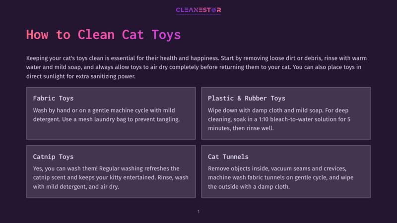1 How To Clean Cat Toys Infographic With Purple Background Titled &Quot;How To Clean Cat Toys&Quot;. Sections Detail Cleaning Fabric Toys, Plastic &Amp; Rubber Toys, Catnip Toys, And Cat Tunnels.