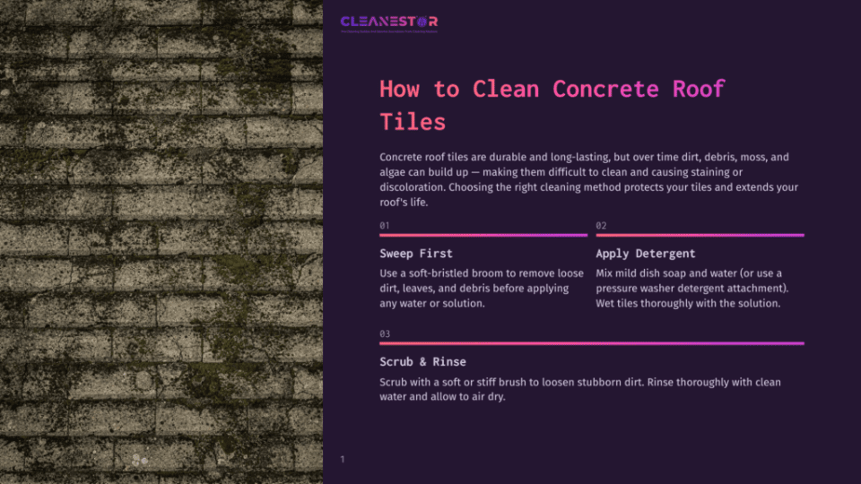 1 How To Clean Concrete Roof Tiles Close-Up Of A Weathered, Moss-Covered Concrete Roof Tile, Showing Texture And Discoloration From Age And Debris. The Image Highlights The Need For Cleaning Concrete Roof Tiles.