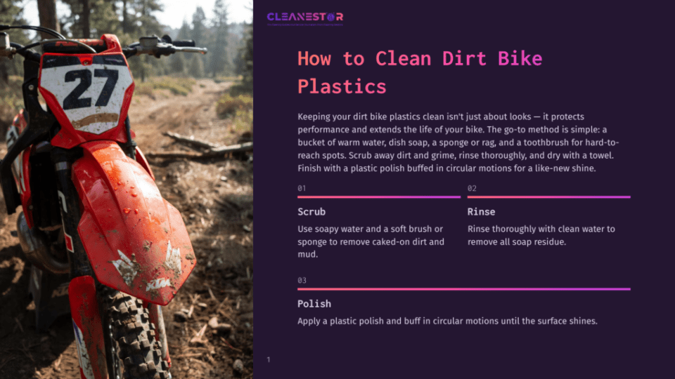 1 How To Clean Dirt Bike Plastics Close-Up Of A Red Dirt Bike'S Front Fender And Handlebars With The Number 27 Visible, Set Against A Blurred Forest Background. Text On The Image Reads &Quot;Cleanestor&Quot; And &Quot;How To Clean Dirt Bike Plastics&Quot;.