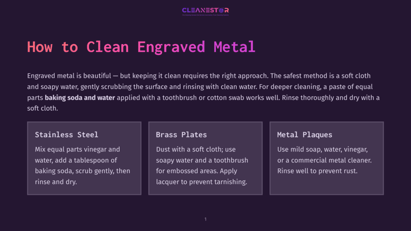 1 How To Clean Engraved Metal Infographic Titled &Quot;How To Clean Engraved Metal&Quot; With Three Sections: &Quot;Stainless Steel,&Quot; &Quot;Brass Plates,&Quot; And &Quot;Metal Plaques,&Quot; Offering Cleaning Tips For Engraved Metal Items.