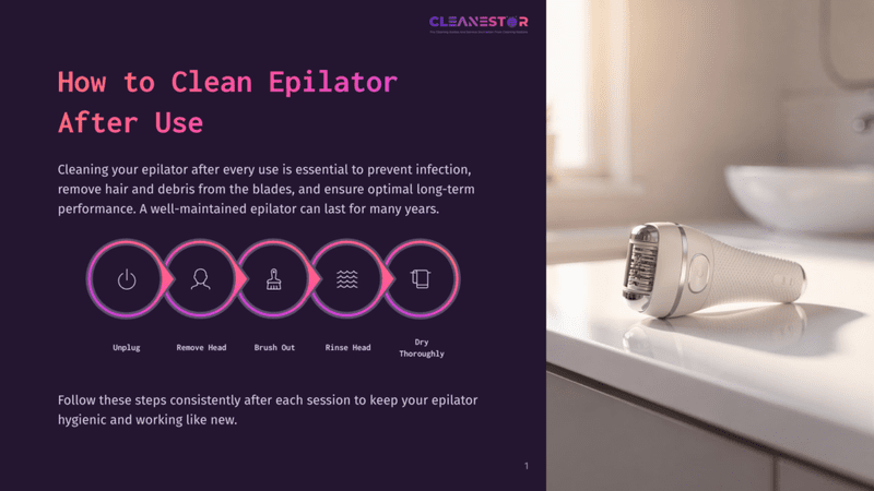 1 How To Clean Epilator After Use Infographic Showing 5 Steps To Clean An Epilator: Unplug, Remove Head, Brush Out, Rinse Head, Dry Thoroughly.
