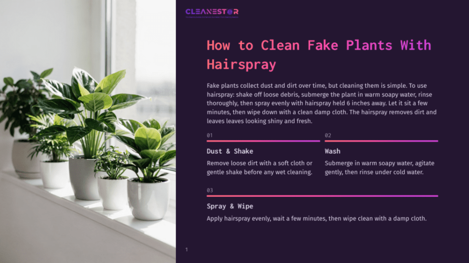 1 How To Clean Fake Plants With Hairspray A Row Of Various Green Potted Plants Sits On A Windowsill, With The Text &Quot;Cleanestor&Quot; And Instructions On How To Clean Fake Plants With Hairspray.