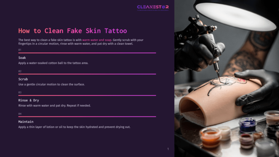 1 How To Clean Fake Skin Tattoo How To Clean Fake Skin Tattoo&Quot; Text Overlay On A Dark Background. A Close-Up Shows Gloved Hands Tattooing A Fake Skin Practice Arm, With Ink Cups In The Foreground.
