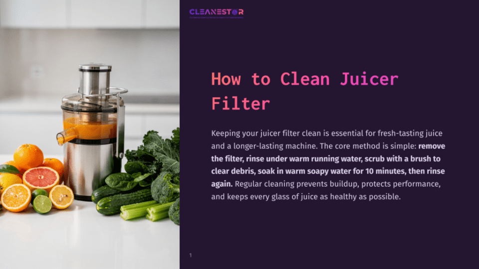 A Stainless Steel Juicer With A Full Carafe Of Orange Juice Sits On A White Countertop Next To Fresh Oranges, Grapefruits, Limes, Kale, Spinach, And Broccoli. The Text &Quot;How To Clean Juicer Filter&Quot; Is Visible.