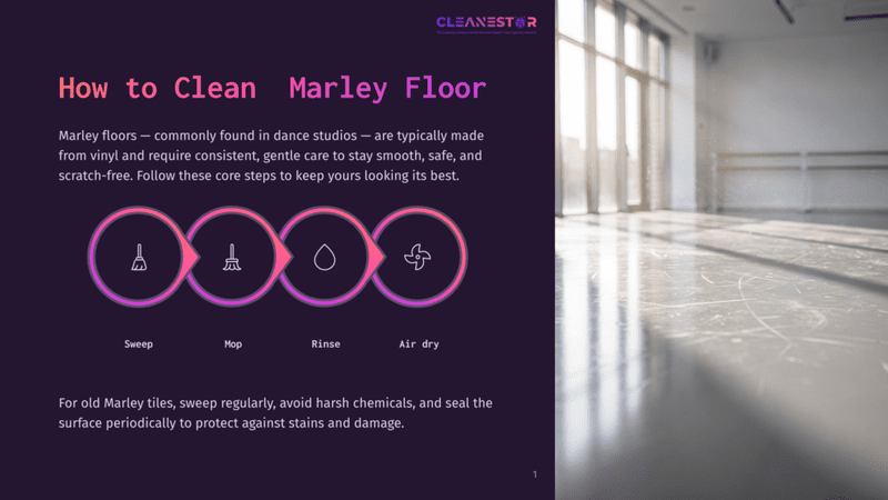 1 How To Clean Marley Floor How To Clean Marley Floor: A Graphic Displays Four Circular Icons Representing Sweep, Mop, Rinse, And Air Dry, With Text Explaining How To Clean And Care For Marley Dance Studio Floors.