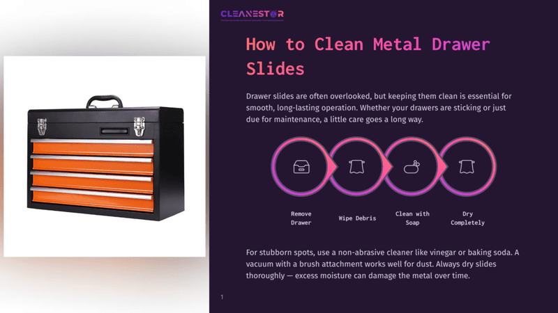 1 How To Clean Metal Drawer Slides A Black Metal Toolbox With Four Orange Drawers Is Shown, With A Graphic Overlay Explaining How To Clean Metal Drawer Slides.