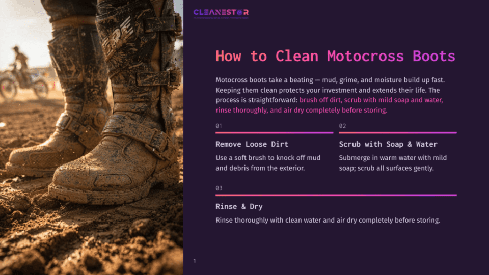 1 How To Clean Motocross Boots Close-Up Of Muddy Motocross Boots On Dirt, With Text Overlay &Quot;How To Clean Motocross Boots&Quot; And Steps For Cleaning.